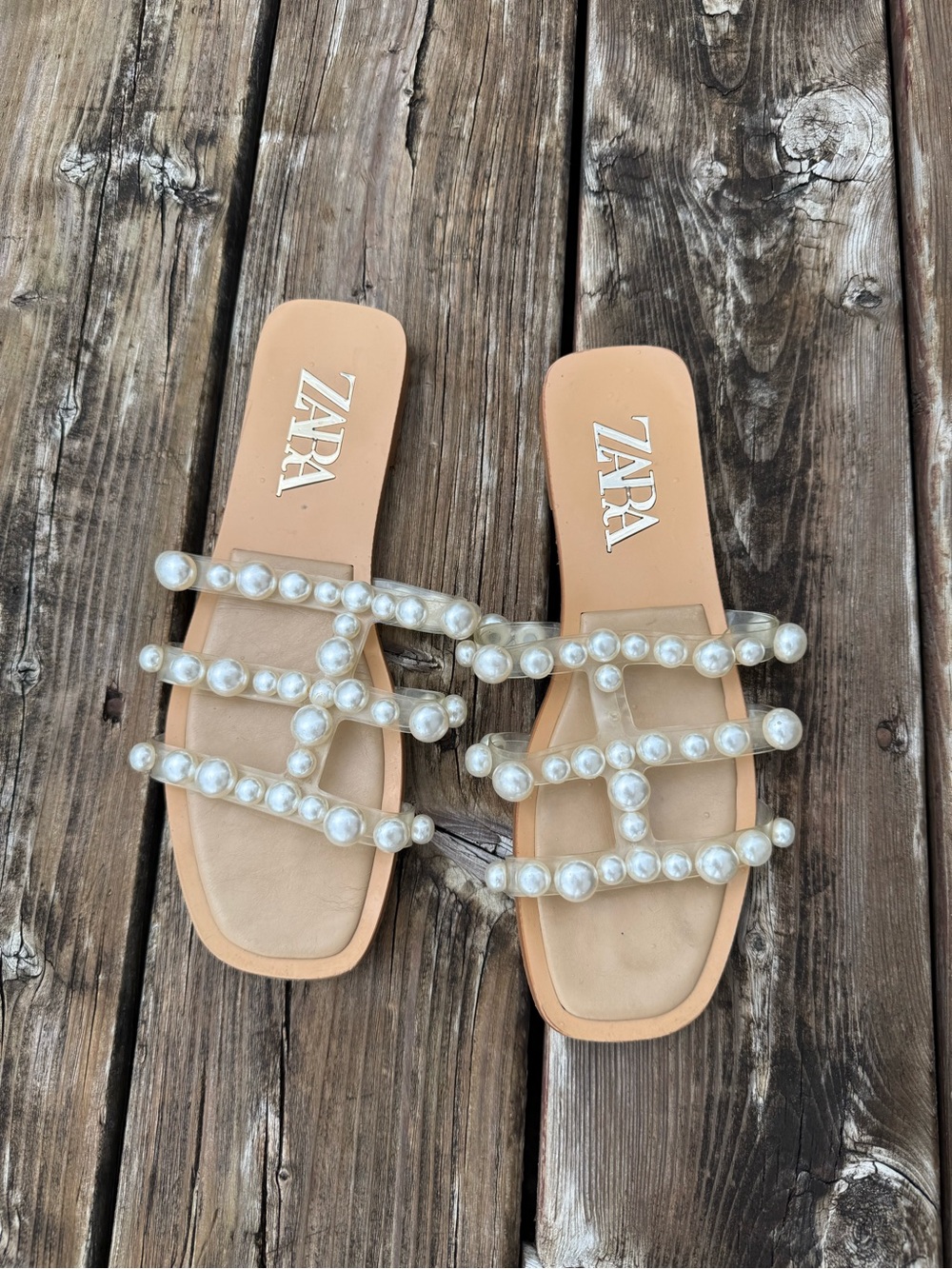 ZARA Tan Slide Sandals with Pearl-Strap Detail